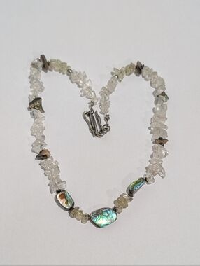 Vtg Abalone Mother Of Pearl Polished Genuine Quartz Chip Beaded 18" Necklace